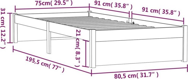 vidaXL Κορμός κρεβατιού, λευκό μασίφ ξύλο, 75x190 cm, μονός