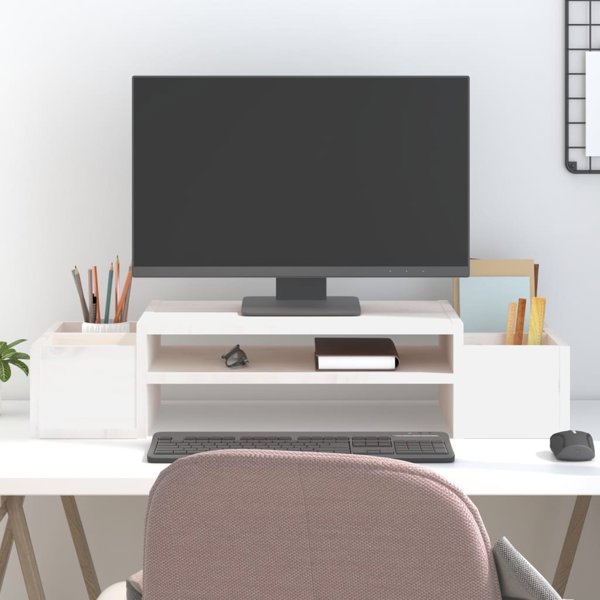 vidaXL Podstawka na monitor, biala, 70x27.5x15 cm, lite drewno sosnowe
