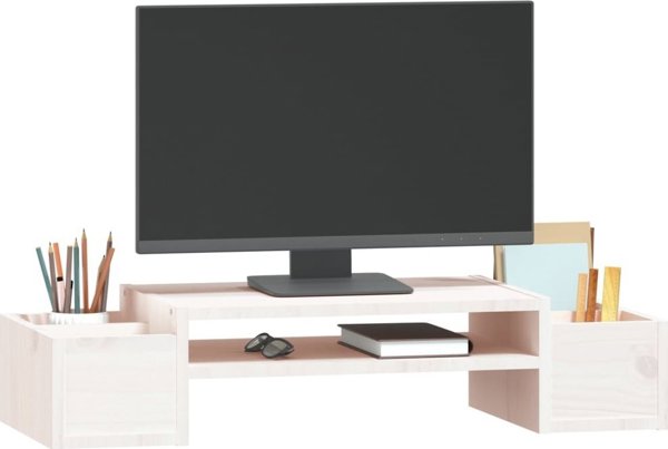 vidaXL Podstawka na monitor, biala, 70x27.5x15 cm, lite drewno sosnowe