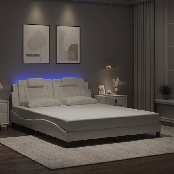 vidaXL Rama κρεβατιού με LED, λευκή, 160x200 εκ., συνθετικό δέρμα