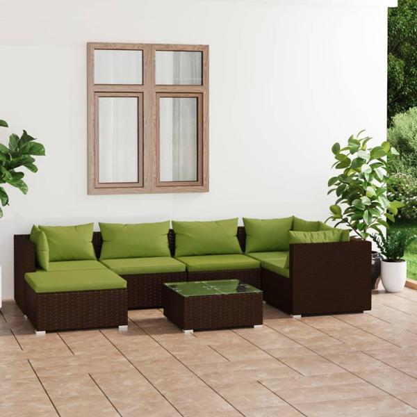vidaXL Σετ 7 τμχ καθιστικό κήπου με μαξιλάρια, rattan PE, καφέ
