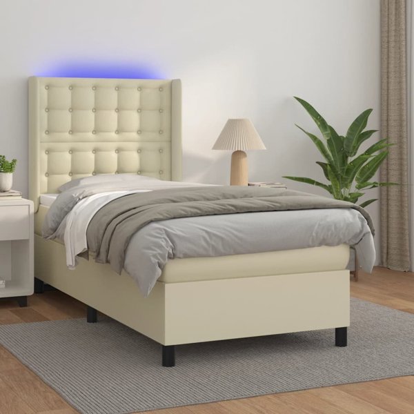 vidaXL Κρεβάτι κοντινένταλ με LED, στρώμα, κρεμ οικολογικό δέρμα 90x190 cm