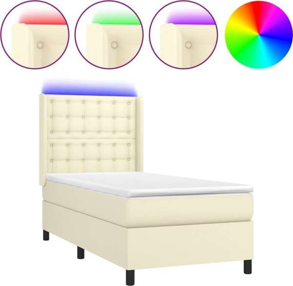 vidaXL Κρεβάτι κοντινένταλ με LED, στρώμα, κρεμ οικολογικό δέρμα 90x190 cm