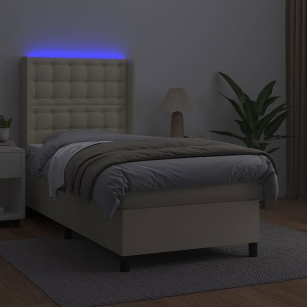 vidaXL Κρεβάτι κοντινένταλ με LED, στρώμα, κρεμ οικολογικό δέρμα 90x190 cm