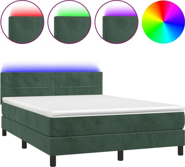 vidaXL Lozko kontynentalne z materacem i LED, zielony aksamit, 140x200 cm