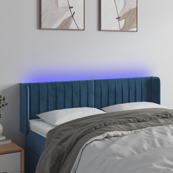 vidaXL Zaglowek do lozka z LED ciemnoniebieski 147x16x78/88 cm aksamit