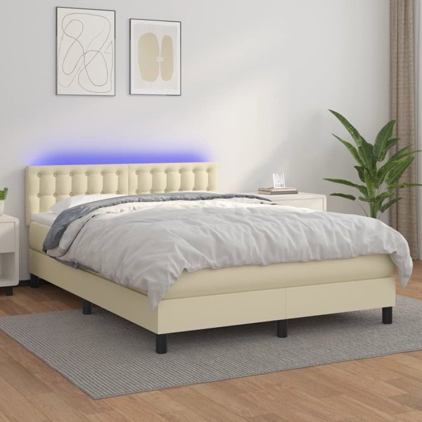 vidaXL Κρεβάτι κοντινενταλ με LED, κρεμ οικοδερμα 140x190 cm