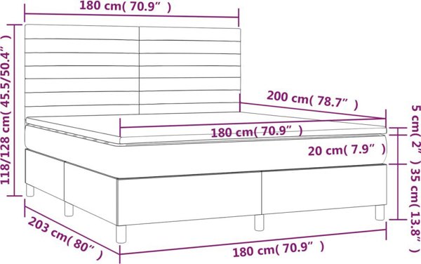vidaXL Κρεβάτι κοντινένταλ με στρώμα και LED, μπλε βελούδο, 180x200 εκ