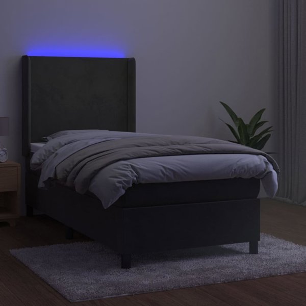 vidaXL Κρεβάτι continental με στρώμα και LED, γκρίζο βελούδο, 90x200 εκ
