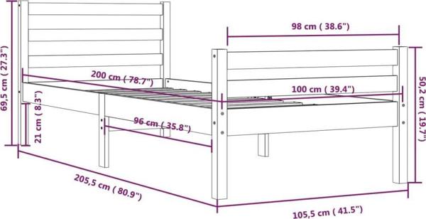 vidaXL Κορνίζα Κρεβατιού, μαύρη, μασίφ ξύλο, 100 x 200 cm