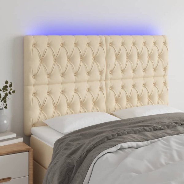 vidaXL Zaglowek do lozka z LED, kremowy, 144x7x118/128 cm, tkanina