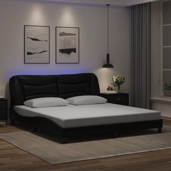 vidaXL Rama κρεβατιού με LED, μαύρη, 180x200 εκ., συνθετικό δέρμα