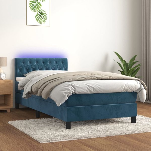 vidaXL Lozko kontynentalne z materacem i LED, niebieski aksamit 100x200 cm