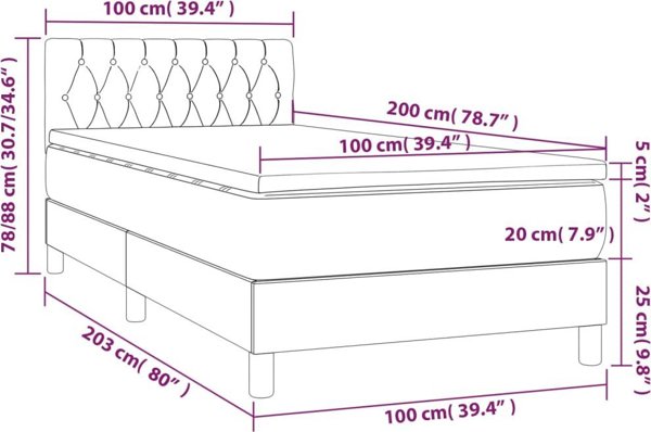 vidaXL Lozko kontynentalne z materacem i LED, niebieski aksamit 100x200 cm