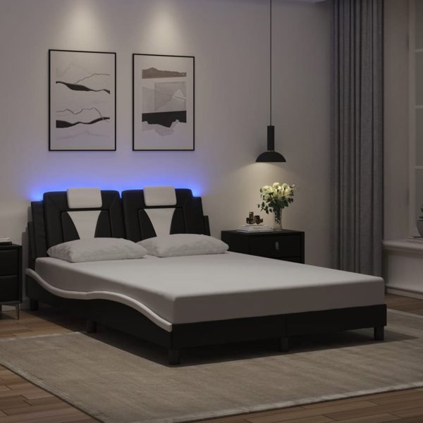 vidaXL Κορνίζα Κρεβατιού με LED, Μαύρο-Άσπρο, 140x200 εκ., Τεχνητό Δέρμα