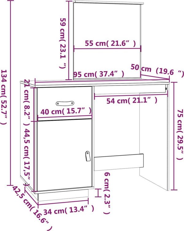 vidaXL Toaletka, szara, 95x50x134 cm, lite drewno sosnowe