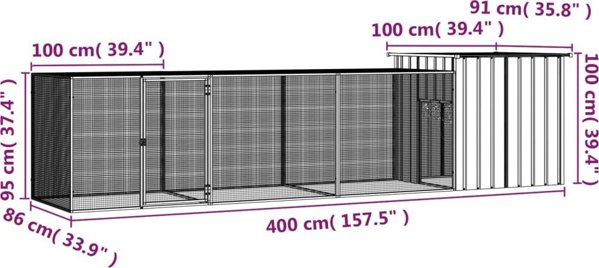 vidaXL Κλουβί για κοτόπουλα, ανθρακί, 400x91x100 εκ, ατσάλι