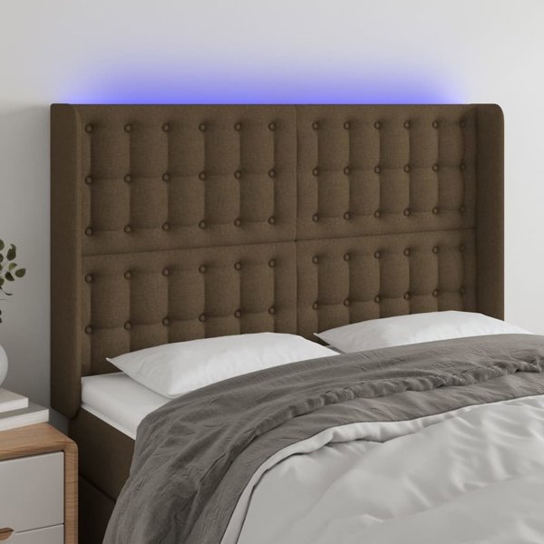 vidaXL Κεφαλάρι κρεβατιού με LED, σκούρο καφέ, 147x16x118/128 cm, ύφασμα