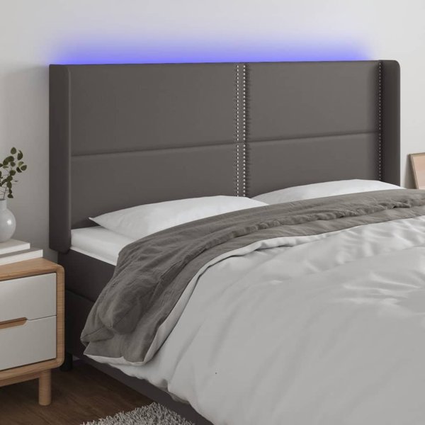 vidaXL Zaglowek do lozka z LED, szary, 203x16x118/128 cm, sztuczna skora