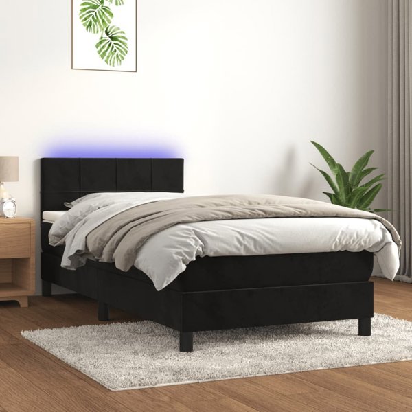 vidaXL Λουτζκό κοντινεντάλ με στρώμα και LED, μαύρο βελούδο, 90x190 cm