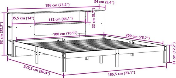 vidaXL Κρεβάτι με βιβλιοθήκη 180x200 cm από μασίφ πεύκο χωρίς στρώμα