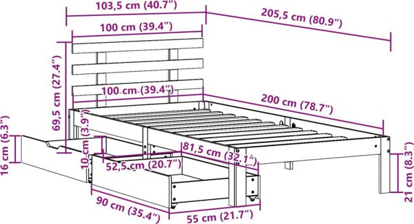 vidaXL Rama lozka z szufladami, 100x200 cm, lite drewno sosnowe