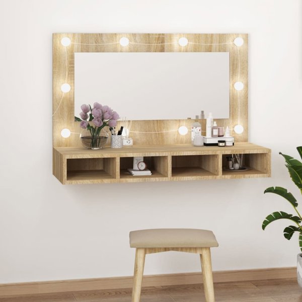 vidaXL Ντουλάπι με Καθρέφτη και LED, Δρυς Sonoma, 90x31,5x62 cm