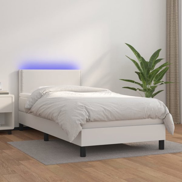 vidaXL Κρεβάτι κοντινένταλ με στρώμα και LED, λευκή οικο-δερματίνη 100x200cm