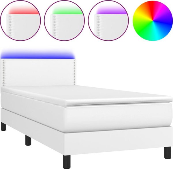 vidaXL Κρεβάτι κοντινένταλ με στρώμα και LED, λευκή οικο-δερματίνη 100x200cm