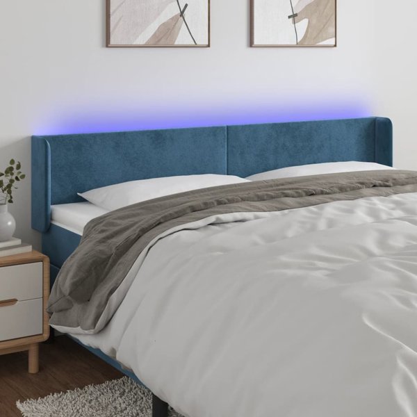 vidaXL Zaglowek do lozka z LED ciemnoniebieski 163x16x78/88 cm aksamit