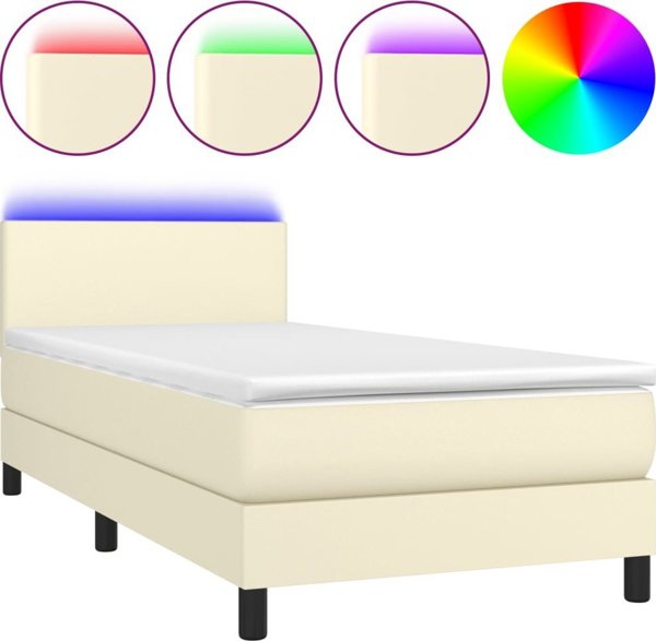 vidaXL Lozko kontynentalne z LED, materac, kremowe, ekoskora 90x200 cm