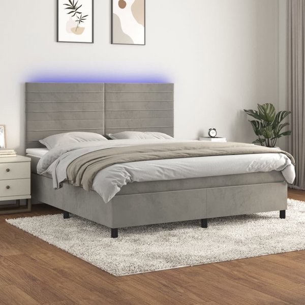 vidaXL Λουτζκό κοντινεντάλ με στρώμα και LED, γκρι, βελούδο, 180x200 cm