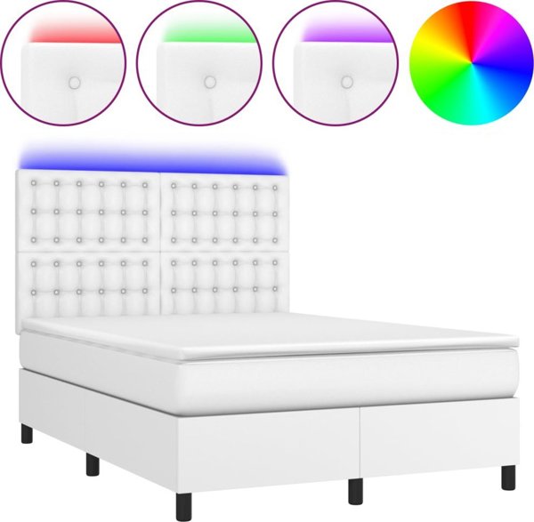 vidaXL Κοντινεντάλ Κρεβάτι με Στρώμα και LED, λευκή οικοδερματίνη 140x190cm