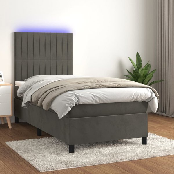 vidaXL Lozko kontynentalne z materacem i LED, szary aksamit, 90x190 cm