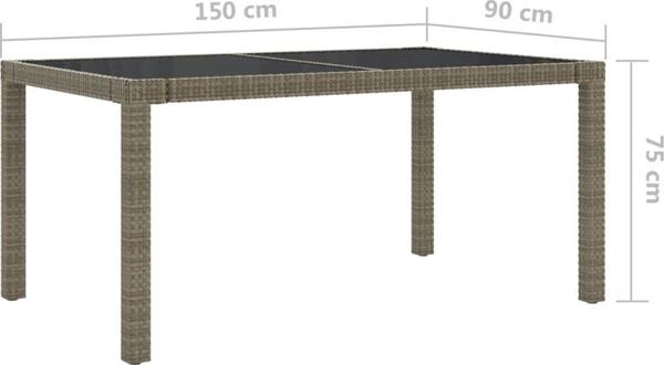 vidaXL Τραπέζι κήπου, 150x90x75 εκ, γυαλί και PE rattan, γκρι