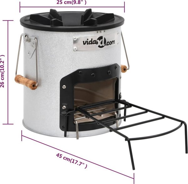 vidaXL vidaXL Piecyk kempingowy na drewno, srebrny, 45x25x26 cm, stalowy