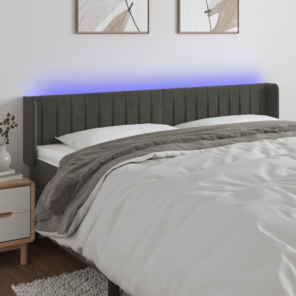 vidaXL Κεφαλάρι κρεβατιού με LED σκούρο γκρι 203x16x78/88 cm βελούδο