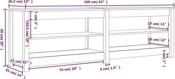 vidaXL Szafka na buty, λευκή, 160x36,5x50 εκ, μασίφ ξύλο πεύκου