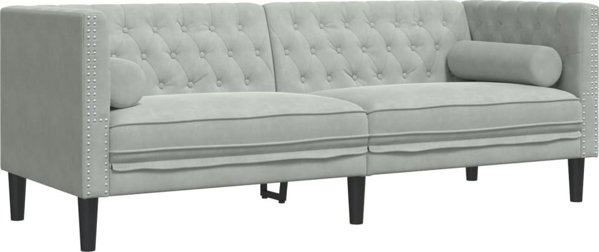 vidaXL 3-τμχ Σετ Καθιστικού Chesterfield με Κυλινδρικά Μαξιλάρια, Ανοιχτό Γκρι Βελούδο