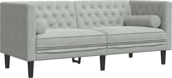 vidaXL 3-τμχ Σετ Καθιστικού Chesterfield με Κυλινδρικά Μαξιλάρια, Ανοιχτό Γκρι Βελούδο