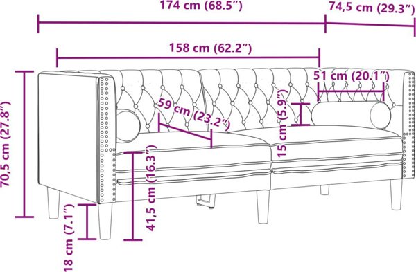 vidaXL 3-τμχ Σετ Καθιστικού Chesterfield με Κυλινδρικά Μαξιλάρια, Ανοιχτό Γκρι Βελούδο