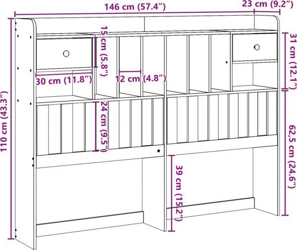 vidaXL Wezglowie do lozka, z polkami, biale, 140 cm, drewno sosnowe