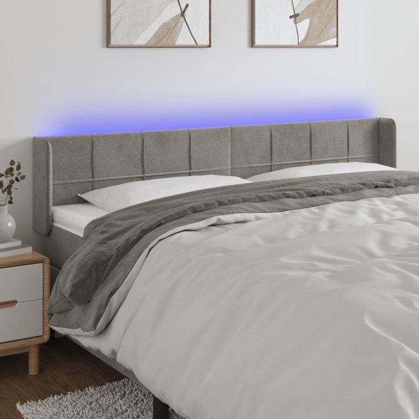 Κεφαλάρι κρεβατιού με LED, ανοιχτό γκρι, 203x16x78/88 cm, βελούδο