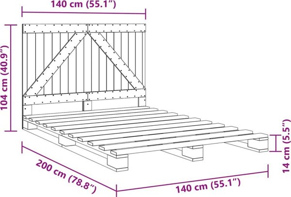 vidaXL Κορμός κρεβατιού με κεφαλάρι, γκρι, 140x200 cm, μασίφ πεύκο
