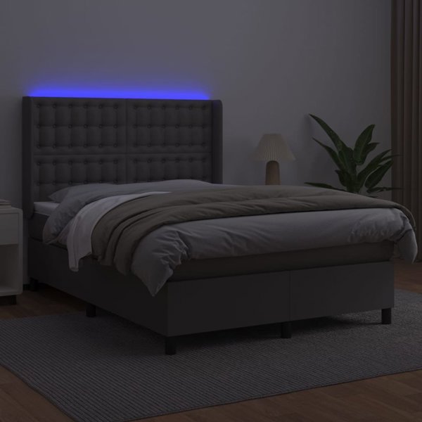 vidaXL Κρεβάτι κοντινεντάλ με στρώμα και LED, γκρι οικολογικό δέρμα 140x200 cm