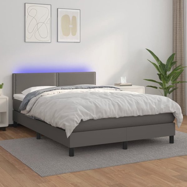 vidaXL Lozko kontynentalne z materacem i oswietleniem LED, szarej ekoskorze 140x200 cm