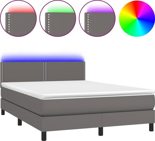 vidaXL Lozko kontynentalne z materacem i oswietleniem LED, szarej ekoskorze 140x200 cm