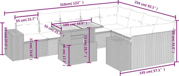 vidaXL σετ επίπλων κήπου 10 τεμαχίων με μαξιλάρια, μπεζ, πολυρατάν