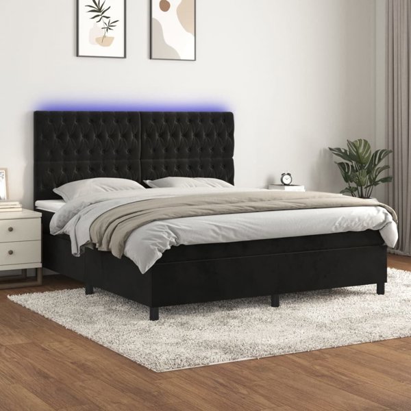 vidaXL Κρεβάτι Continental με Στρώμα και LED, Μαύρο Βελούδο 180x200cm