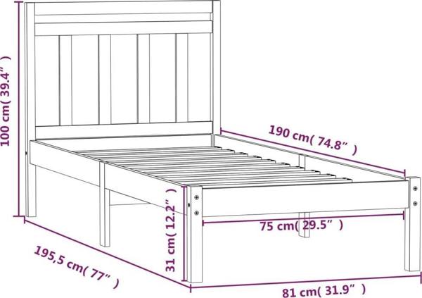 vidaXL Σκελετός κρεβατιού από μασίφ ξύλο 75x190 εκ. Μονό 2FT6